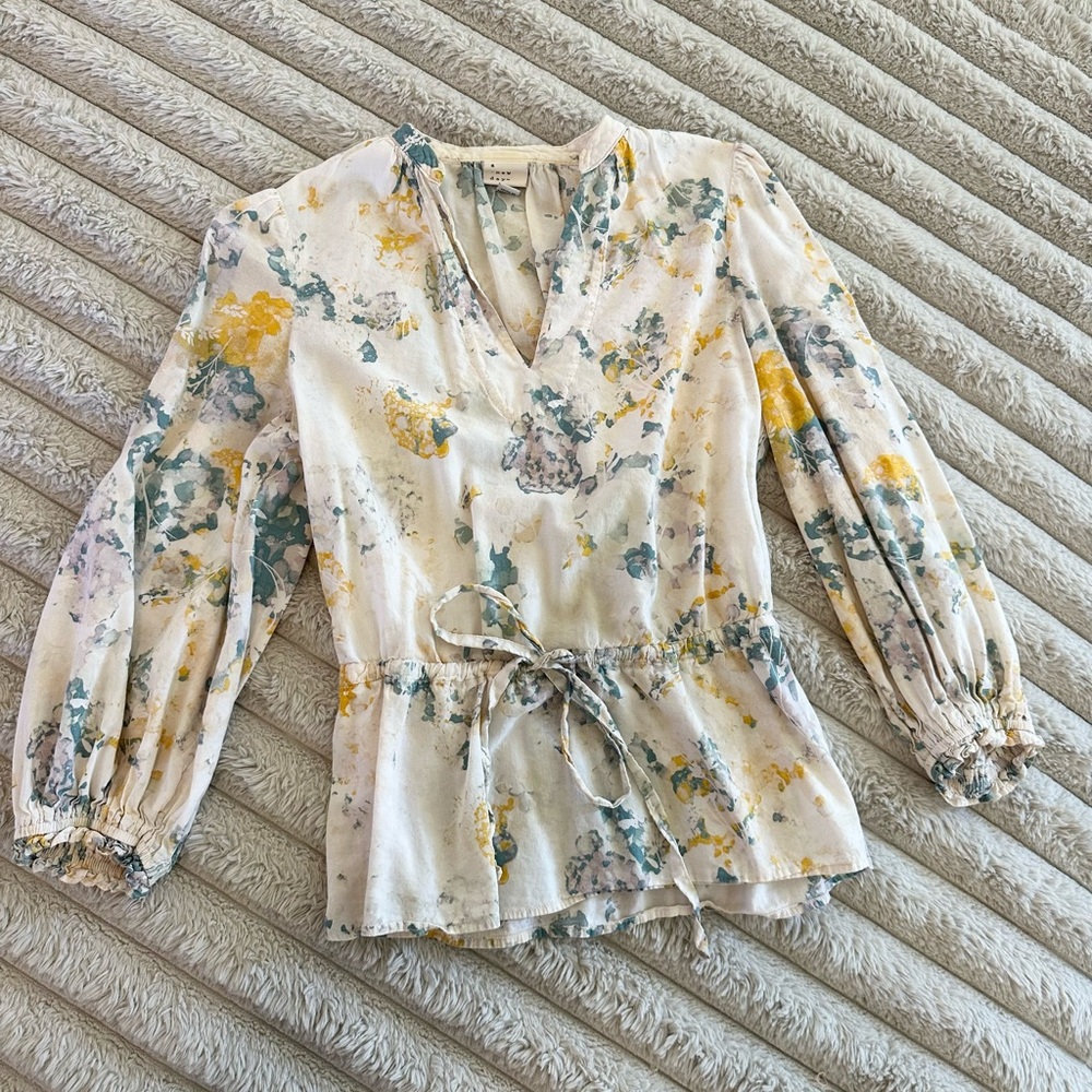 A New Day Floral Print Blouse - Cream, Yellow, Blue